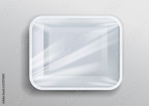 Packaging foam tray wrapped in plastic, template design on gray background, Eps 10 vector illustration