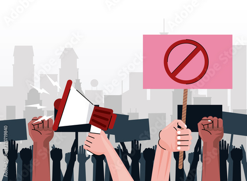 interracial people hands protesting lifting banner with stop symbol and megaphone on the city