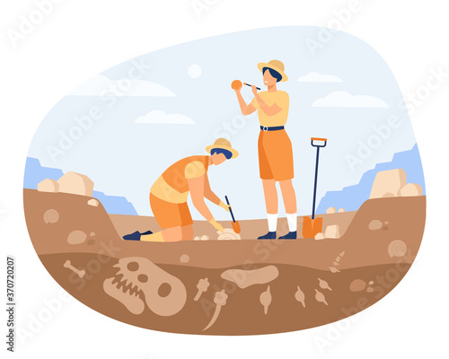 Archaeologist discovering dinosaurs remains. Men digging ground in quarry and cleaning bones. Vector illustration for archeology, paleontology, science, research concept