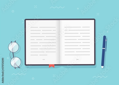 Book or notepad vector open pages with text, notebook or textbook paper with bookmark and pen flat cartoon illustration on working desk table top view