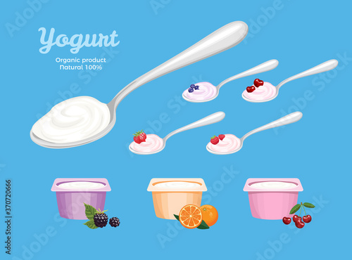 Yogurt set. White yogurt in metal spoon, yoghurts with different berries in spoons and plastic containers isolated. Vector illustration of dairy products in cartoon flat style.