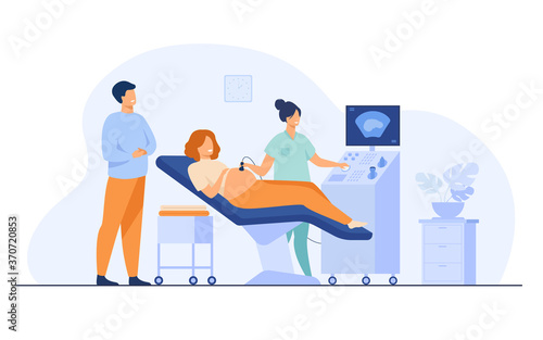 Prenatal care concept. Sonographer scanning and examining pregnant woman while expecting father looking at monitor. Vector illustration for medical examination, sonography, ultrasound test topics