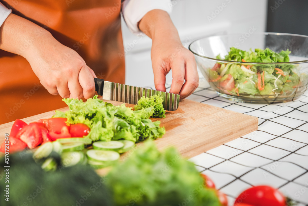 Vegetarian woman Chopping food ingredients vegetable salad while cooking in kitchen Vegetarian woman Chopping food ingredients vegetable salad while cooking in kitchen
