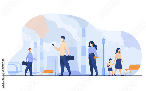 Citizens wearing face masks for protection from smog and dusty air. People walking near plant pipes and industrial emissions. For environment problem, ecology, coronavirus concept