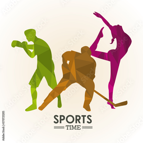 sports time poster with set colors athletes figures silhouettes