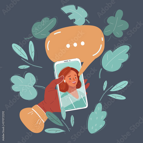 Vector illustration of blogger video, stream translation. Smiling woman on smartphone screen. Object on dark backgr