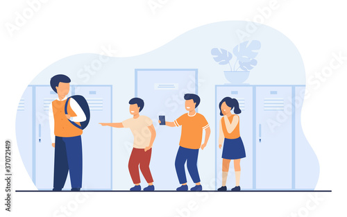 School bullying victim concept. Group of kids laughing at sad lonely boy, pointing finger at nerd in corridor. Vector illustration for aggressive children, social problem at school, conflict concept