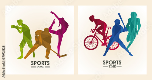 sports time poster with athletes figures silhouettes frames