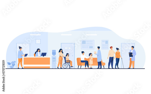 Patients and doctors meeting and waiting in clinic hall. Hospital interior illustration with reception, person in wheelchair. For visiting doctor office, medical examination, consultation concept