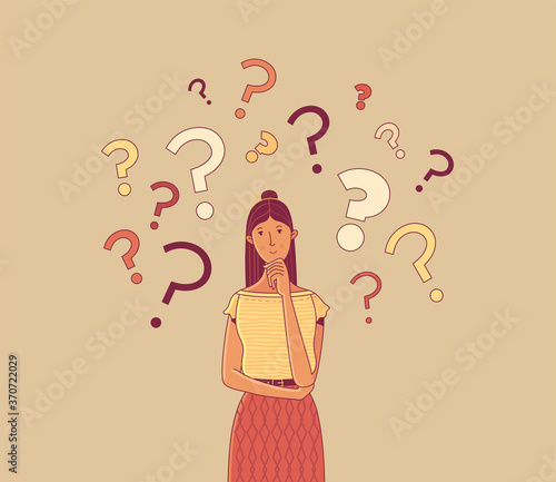 Pensive girl flat vector illustration