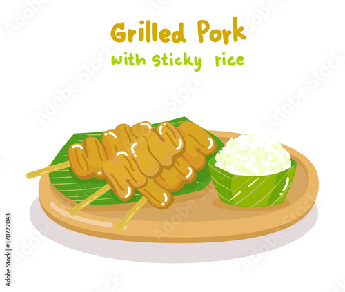 Illustrstion Grilled Pork with Sticky Rice Vector