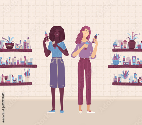 Two female consultants characters comparing skincare beauty products in shop