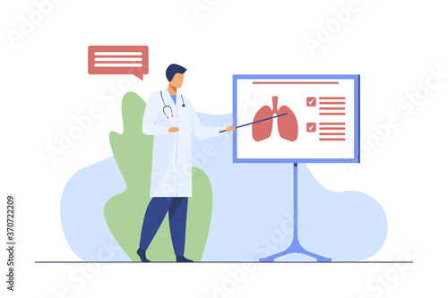 Medical specialist giving information about lungs. Physician, lecture, respiration flat vector illustration. Medicine and healthcare concept for banner, website design or landing web page