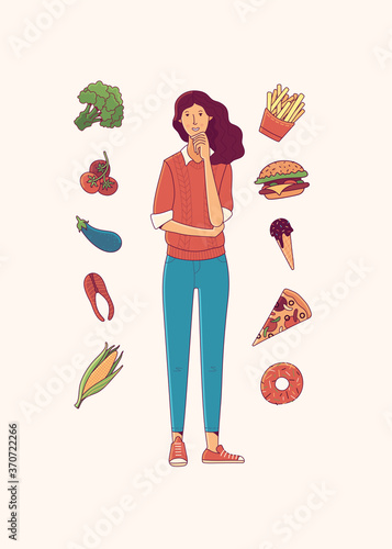Young woman choosing between healthy and junk food cartoon vector illustration