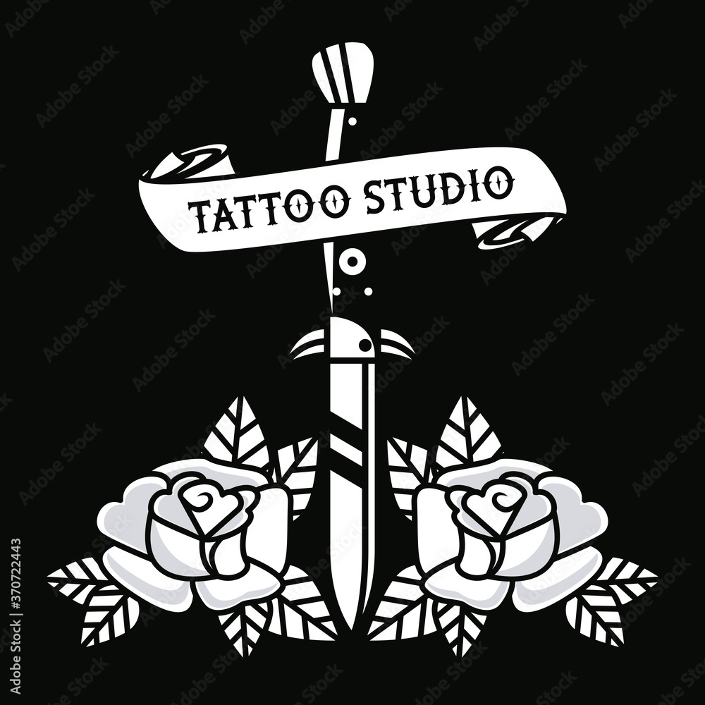 Fototapeta premium dagger with roses tattoo studio graphic