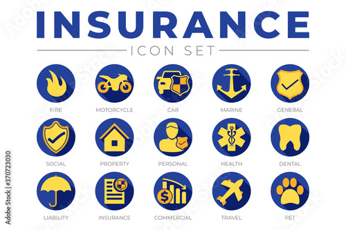 Blue and Yellow Insurance Icon Set with Car, Property, Fire, Life, Pet, Travel, Dental, Commercial, Health, Marine, Commercial and Liability Insurance Icons