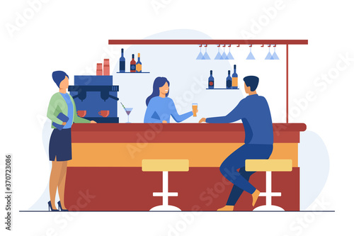 Bartender giving glass of beer to male client. Drink, administrator, bar counter flat vector illustration. Alcohol beverages and service concept for banner, website design or landing web page