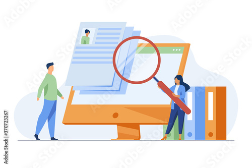 Tiny HR manager looking for candidate for job. Interview, magnifier, computer screen flat vector illustration. Career and employment concept for banner, website design or landing web page