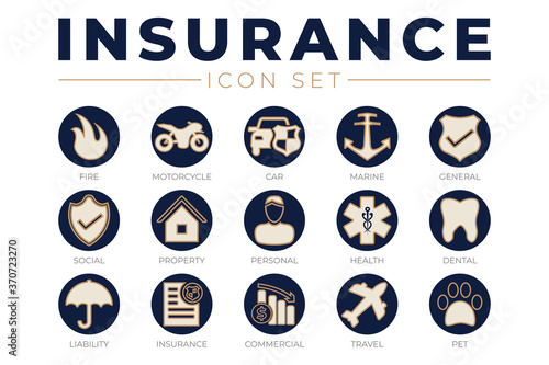 Elegant Insurance Icon Set with Car, Property, Fire, Life, Pet, Travel, Dental, Commercial, Health, Marine, Liability Web Icons