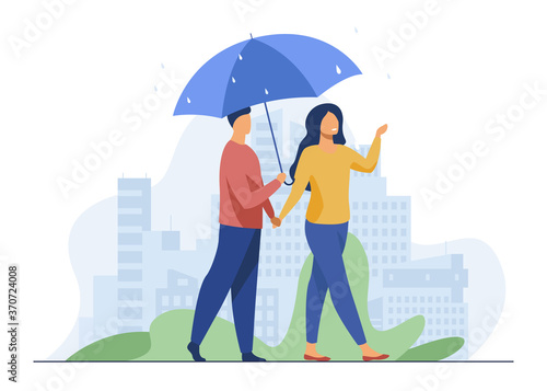 Young couple walking under umbrella in rainy day. City, date, street flat vector illustration. Weather and urban lifestyle concept for banner, website design or landing web page