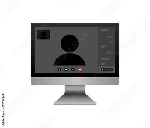 Video call on the computer screen. Incoming video call on a computer, silhouette of a man. Video call buttons.
