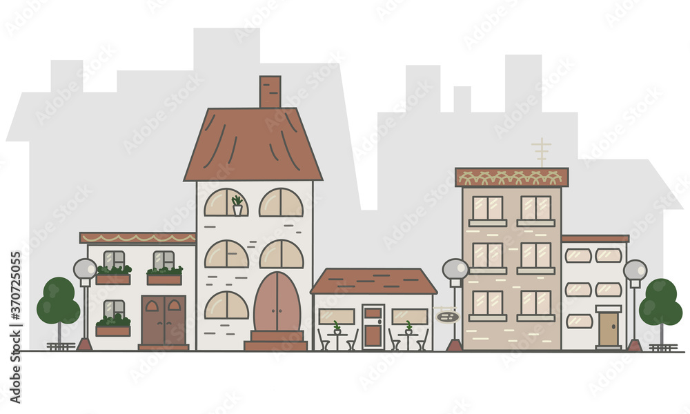 Сute european street with lanterns and trees. Cityscape. Urban landscape. Flat style. Сute european street with lanterns and trees. Cityscape. Urban landscape. Flat style.