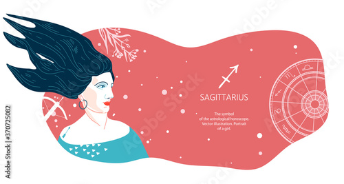 Zodiac background. Sagittarius constellation. Horizontal banner. Vector illustration.