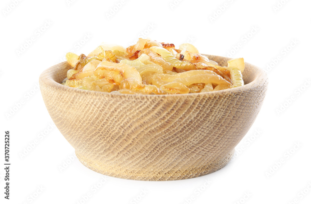 Tasty fried onion in wooden bowl isolated on white Tasty fried onion in wooden bowl isolated on white