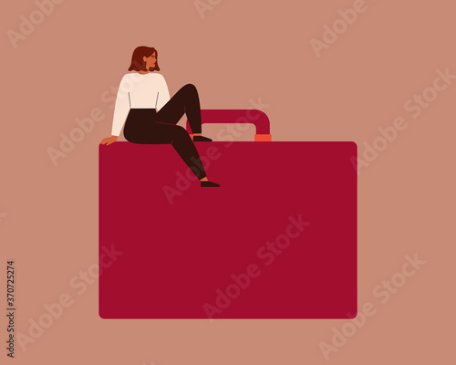 Confident young businesswoman sits on a large red briefcase. Strong female entrepreneur with a big handbag. Vector. Concept of participation of women in leadership roles in commerce or business.