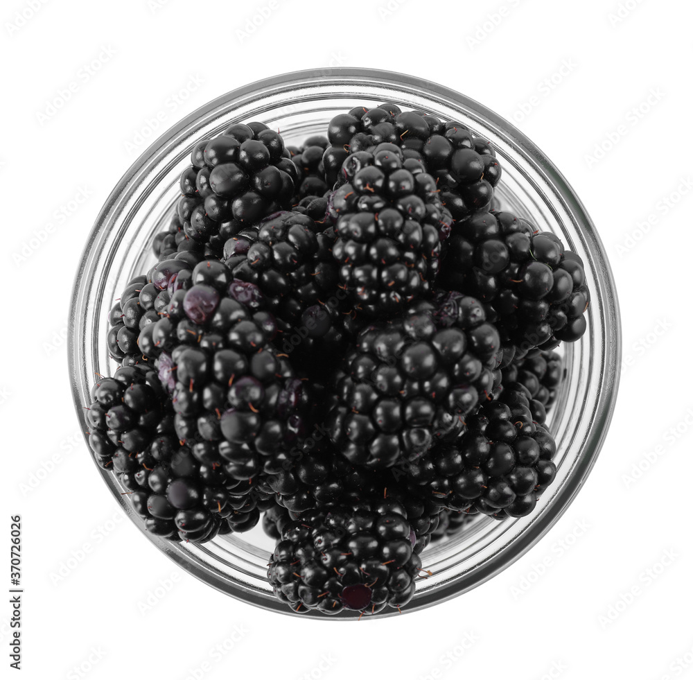 Fresh ripe blackberries in glass jar isolated on white, top view Fresh ripe blackberries in glass jar isolated on white, top view