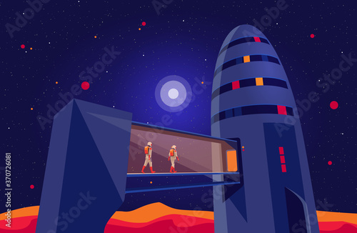 Astronauts passengers crew entering boarding space starship rocket vehicle on launchpad shuttle departure flight on moon mars to earth. Cosmos futuristic red planet exploration mission night start.
