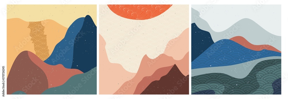 Abstract mountain landscape on set. Geometric landscape background in asian japanese style. vector illustration