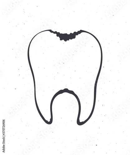 Unhealthy human tooth with caries. Outline. Vector illustration. Symbol of somatology and oral hygiene. Hand drawn sketch. Isolated white background