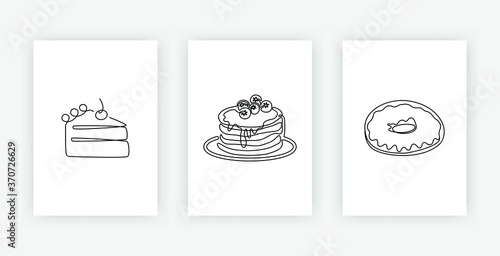 Continuous one line drawing of American pancakes piece of cake with cherry and donut. Modern poster set of bakery products isolated on white, dessert and cafe theme for logo. Vector illustration