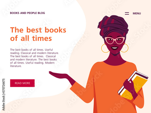 African woman holds books in her hands. Horizontal banner with text. Website template for library. Vector flat illustration