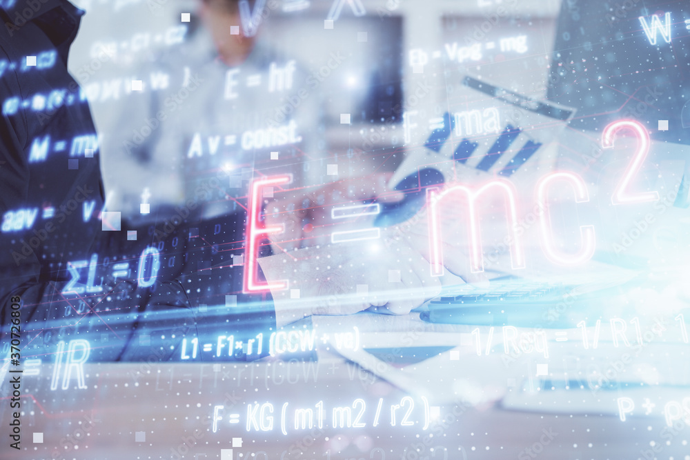 Science formula hologram with man working on computer on background. Education concept. Double exposure. Science formula hologram with man working on computer on background. Education concept. Double exposure.