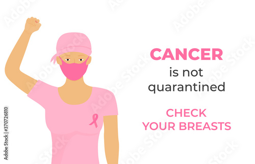 Women cancer patient wearing headscarf after chemotherapy and protective medical mask raised her fist during coronavirus quarantine. Check your breasts. October Awareness Month on Women's Health