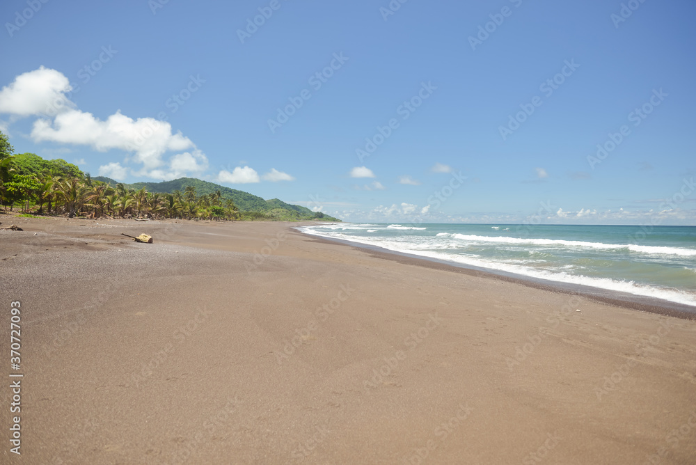 long sandy beach with palm trees and mountains with vegetation in the background at Playa Venao