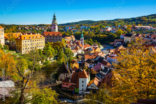 Aerial cityscape of small Czech town Cesky Krumlov
