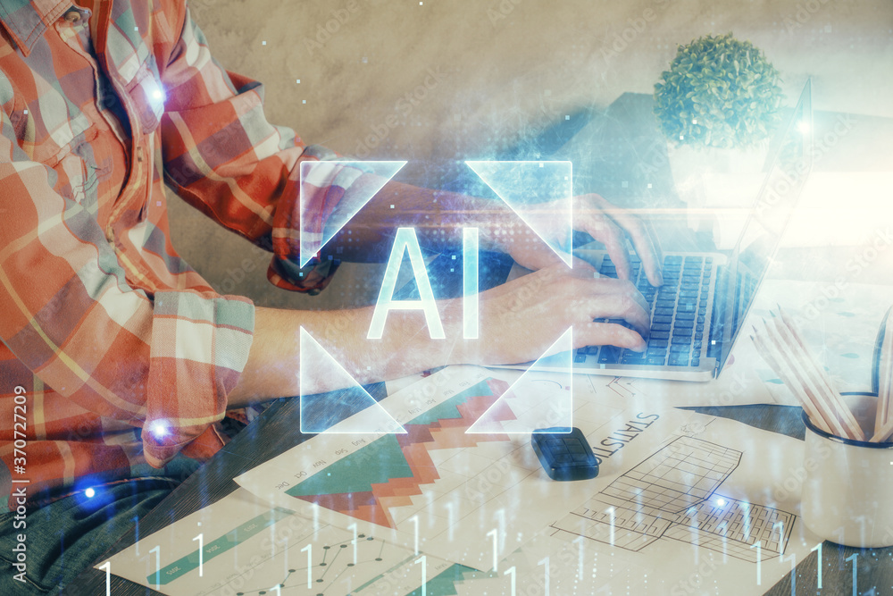 Double exposure of technology hologram with man working on computer background. Concept of big data. Double exposure of technology hologram with man working on computer background. Concept of big data.