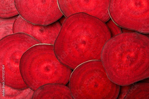 Slices of fresh beets as background, top view