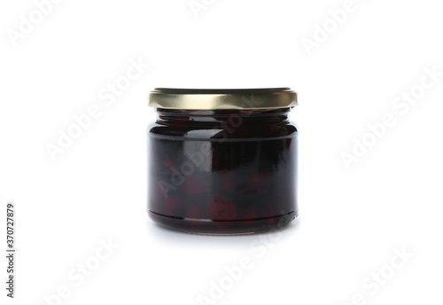 Glass jar with cherry jam isolated on white. Pickling and preservation