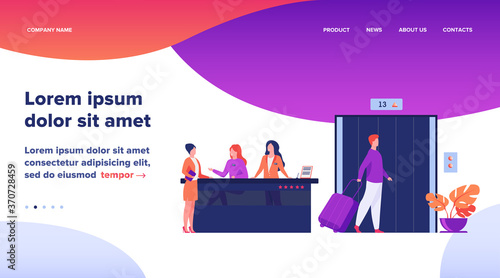 Tourists with luggage waiting at hotel reception desk, walking through lobby to elevator. Receptionists welcoming guests at counter. Vector illustration for hotel business, hospitality, travel concept