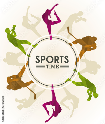 sports time poster with athletes figures silhouettes circular frame