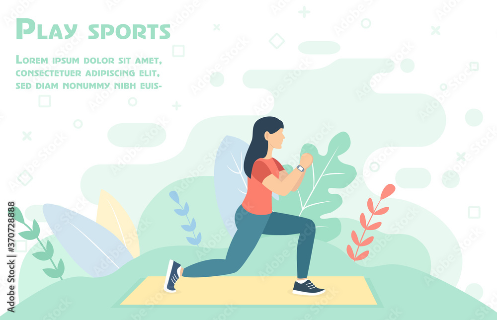 Healthy lifestyle. Outdoor sports. Squats Girl go in for sports. People do exercises. Vector illustration in a flat style. 