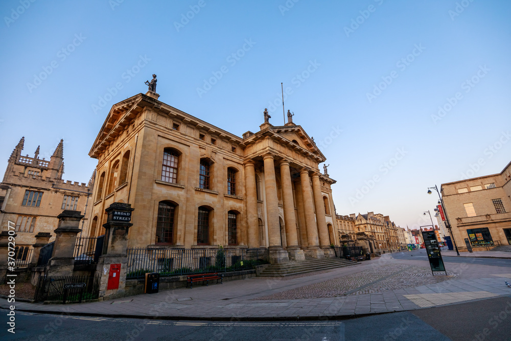 The Clarendon Building and Broad Street in Oxford with no people. Early in the morning. Oxford, England, UK.