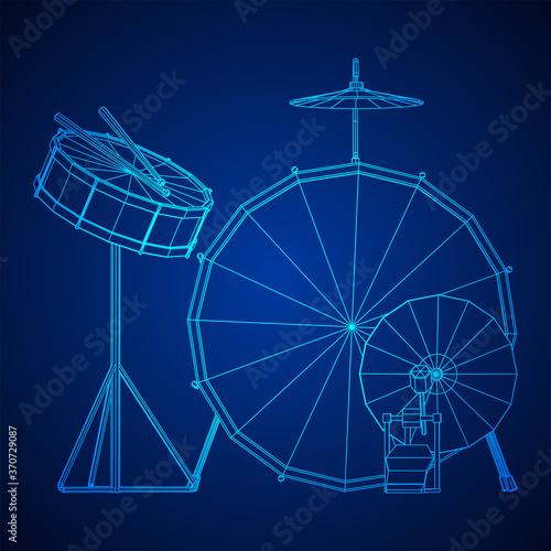 Musical instruments set. Rock band drum kit. Percussion musical instrument drums  stick and cymbal. Wireframe low poly mesh vector illustration.