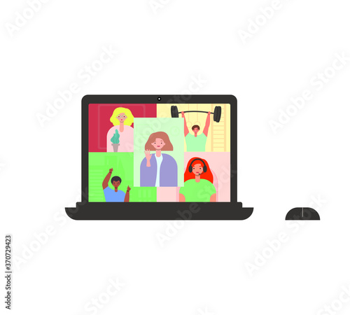 Video call on a laptop. Communication at a distance and during the quarantine period by video link, video conference. Vector illustration, flat cartoon color design, isolated on white background, eps 