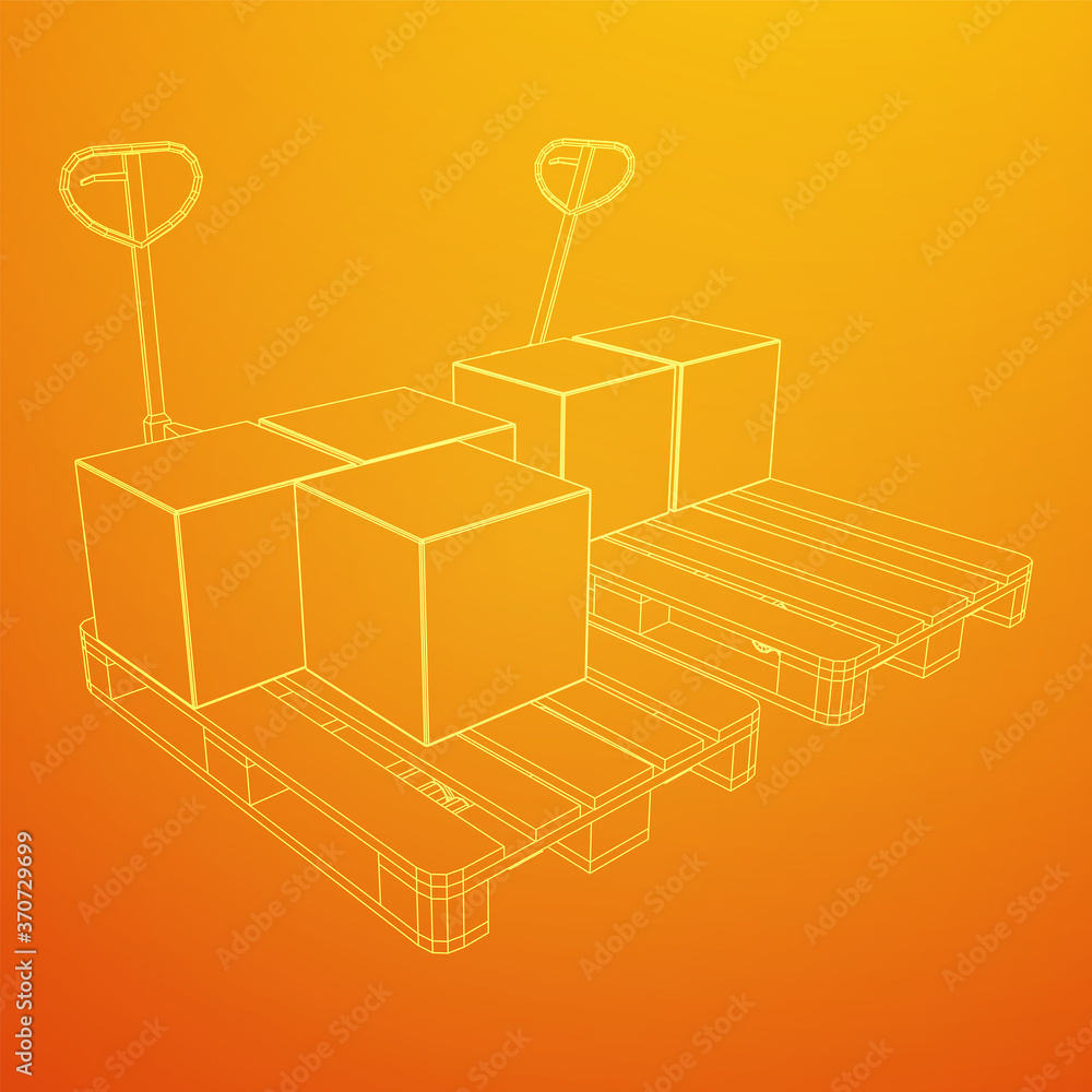 Fototapeta premium Hand pallet jack lift with pallet and stacked goods cardboard boxes. Manual forklift. Logistics shipping concept. Wireframe low poly mesh vector illustration.