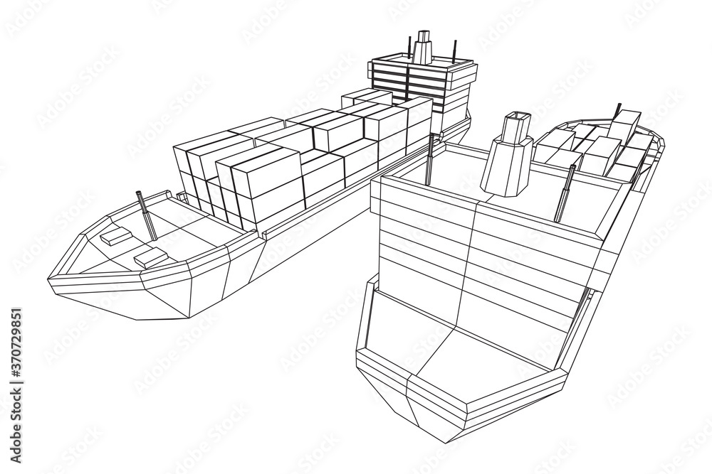 Heavy dry cargo ship of bulk carrier with freight containers. Wireframe low poly mesh vector illustration. Heavy dry cargo ship of bulk carrier with freight containers. Wireframe low poly mesh vector illustration.